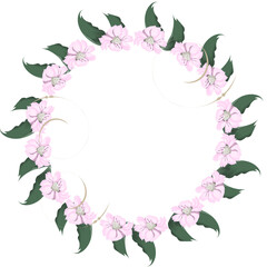 A wreath of pink flowers, framed by green leaves on a white background.3d.