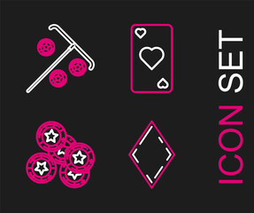 Set line Playing card with diamonds symbol, Casino chips, heart and Stick for icon. Vector