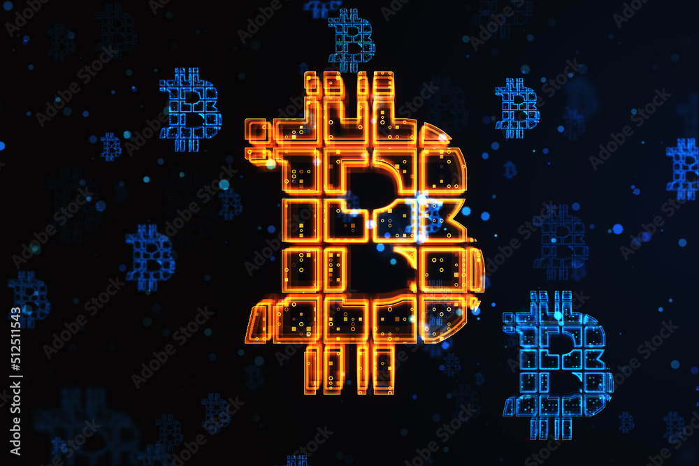 Poster Cryptocurrency concept with orange glowing digital bitcoin sign on abstract dark technological background. 3D rendering