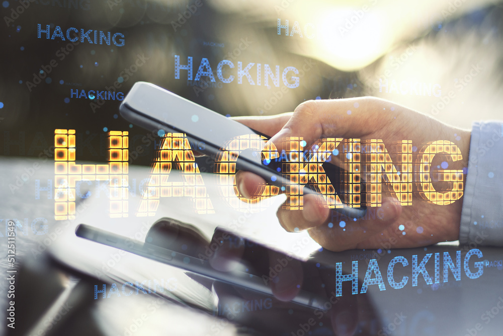 Aufkleber Close up of businessman hands using tablet and smartphone with abstract glowing hacking hologram at desktop on blurry outdoor background. Hacked device, malware and phishing concept. Double exposure.