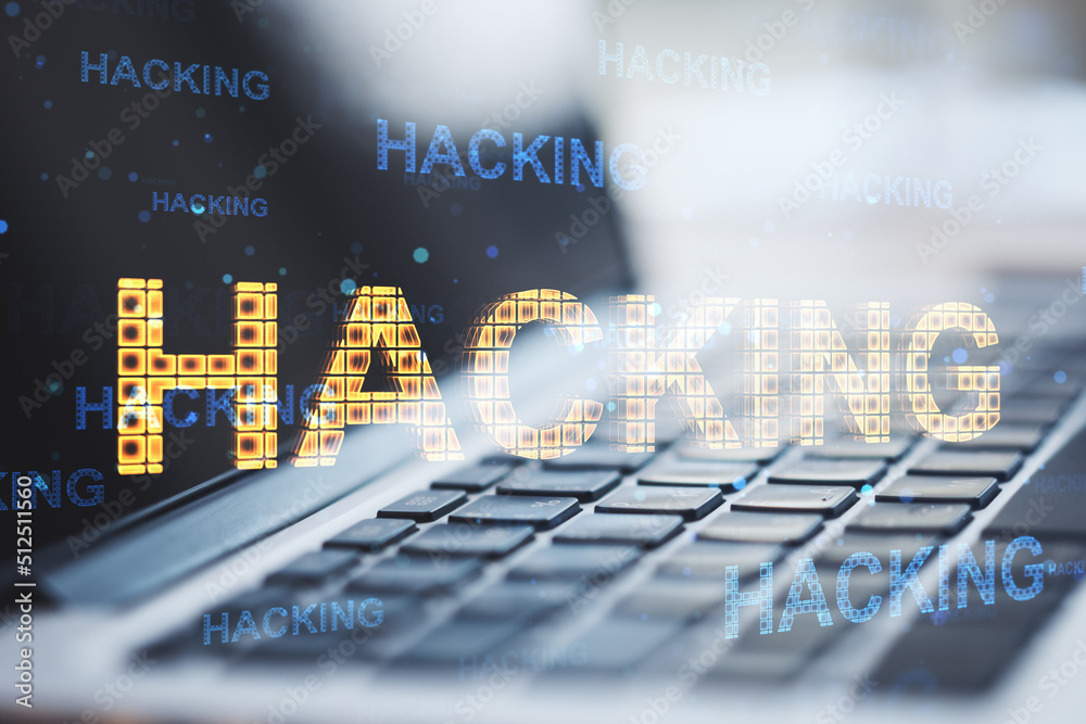 Poster Close up of laptop with abstract glowing hacking hologram. Hacked device, malware and phishing concept. Double exposure.