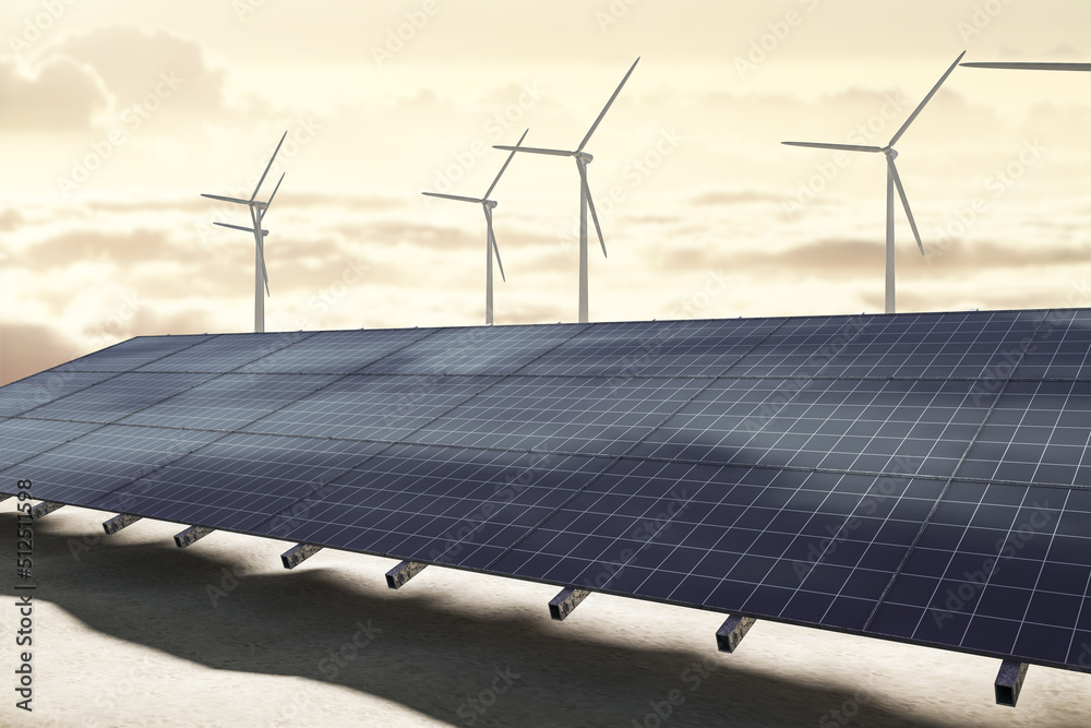 Poster creative solar panel and wind turbines on sky and fluffy clouds texture. renewable energy and farm c