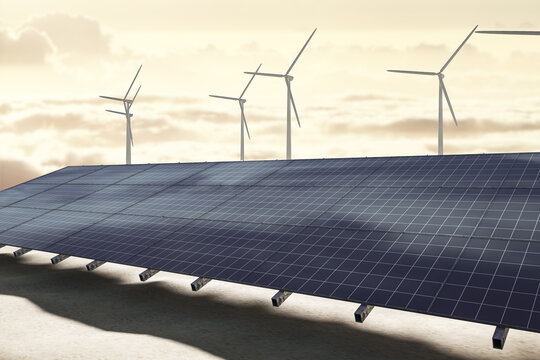 Creative solar panel and wind turbines on sky and fluffy clouds texture. Renewable energy and farm concept. 3D Rendering.