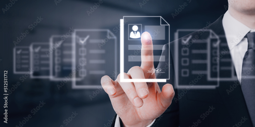 Poster human resource information system and talent marketplace concept with hr manager scrolling digital r