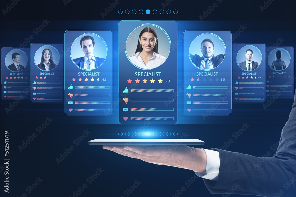 Aufkleber hiring employee and human resources concept with online specialists and professional marketplace in 