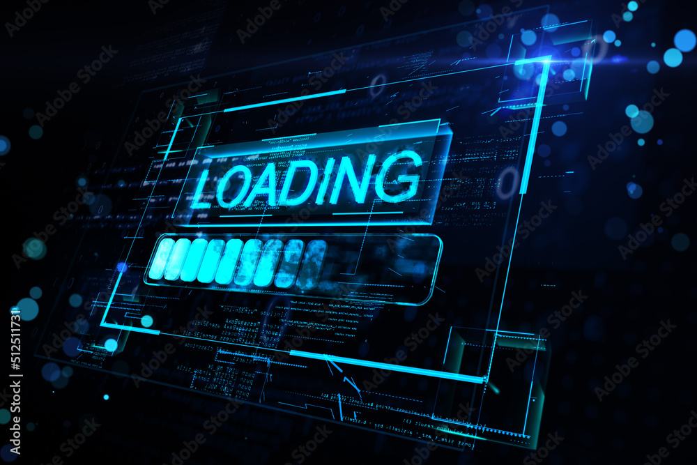 Leinwandbilder High speed loading data concept with digital blue glowing loading sign in virtual glowing frame on abstract dark technological background. 3D rendering