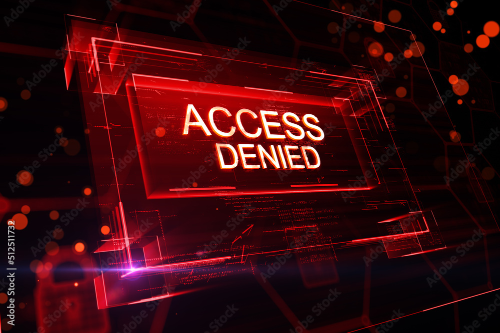 Poster Protection security system concept with digital white glowing access denied sign in virtual red glowing frame on abstract background. 3D rendering
