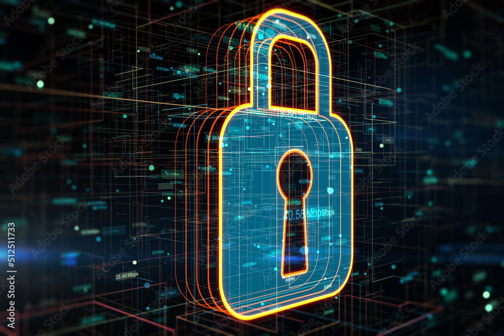 Aufkleber Confidentiality of cyber data or privacy protection concept with perspective view on digital glowing lock with keyhole on abstract technological background. 3D rendering