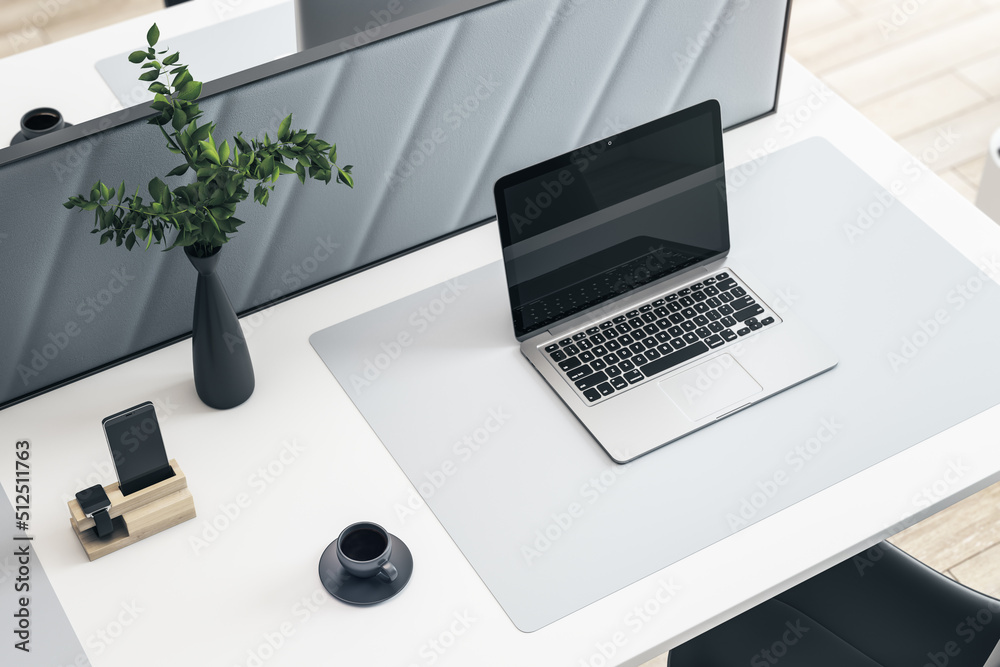 Poster close up and top view of creative white designer workplace with blank mock up laptop computer screen
