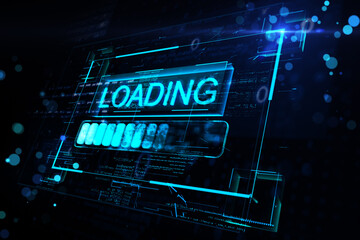High speed loading data concept with digital blue glowing loading sign in virtual glowing frame on abstract dark technological background. 3D rendering