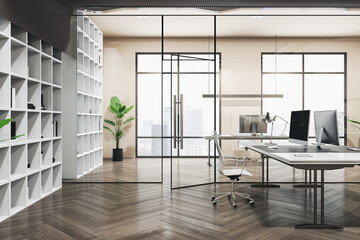 Front view on glass door in spacious office with modern computers on white table, big office cabinets, city view and parquet floor. 3D rendering