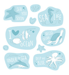 One line marine life sticker set. Underwater outline animals emblem. Line art ocean and sea life lettering collection.