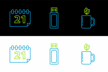 Set line Cup of tea and leaf, Calendar and USB flash drive icon. Vector