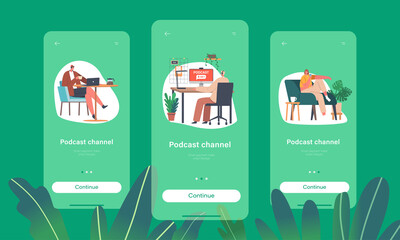 Podcast Channel Mobile App Page Onboard Screen Template. People Listening Audio Programs in Headphones