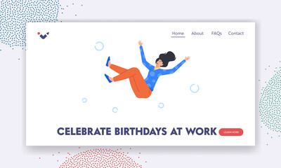 Celebrate Birthday at Work Landing Page Template. Happy Woman Toss Up with Colleagues in Air. Positive Female Character