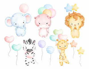 Obraz na płótnie Canvas Watercolor set of Baby Safari Animals and balloons in pastel color