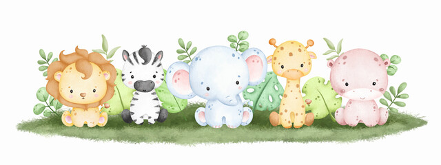 Watercolor Illustration Baby Safari Animal banner background © Stella