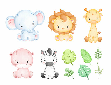 Watercolor set of Baby Safari Animals and tropical  leaves in pastel color 