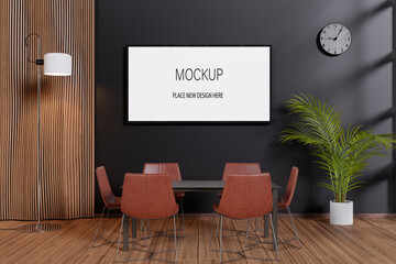 3d rendered modern office with large picture frame mockup.