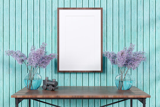 3d rendered picture frame mockup on a wooden shelf toy train and glass flower vase.