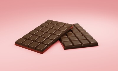 3D Rendering of chocolate bar on pink background for commercial design. 3D Render illustration cartoon style.