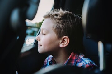 Handsome caucasian boy travelling by car sitting in child seatRecreation concept