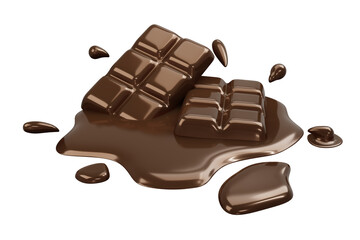 3D Rendering of melting chocolate bar isolated on white background for commercial design. 3D Render illustration cartoon style.