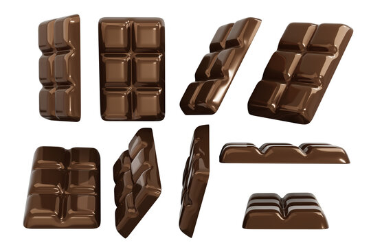 3D Rendering rotate of chocolate bar in many views isolates on white background. 3D Render illustration cartoon style.