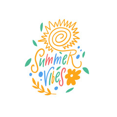 Summer vibes lettering with a spiral sun, green leaves, and a yellow flower. A lively illustration capturing the essence of summertime joy.