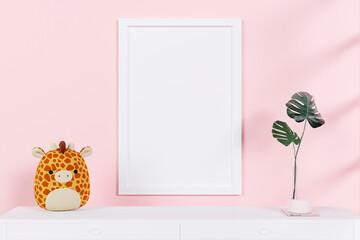 3d rendered picture frame mockup with stuffed toy animal.