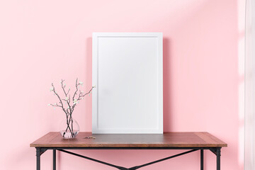 3d rendered picture frame mockup with flower vase.