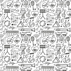 Abstract background music, with tape recorder, silhouette in circle shape. Vector doodle seanless pattern musical instruments. hand drawn illustration