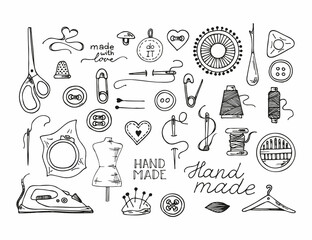 Knitting and crochet, a set of contour drawings, hand-drawn design elements. Vector sketch icon illustration