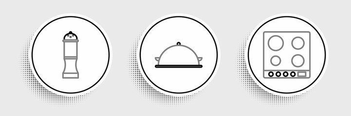 Set line Gas stove, Pepper and Covered with tray of food icon. Vector