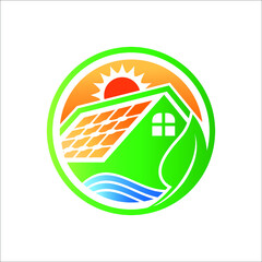 house farm logo with sunrise and electric cell on roof