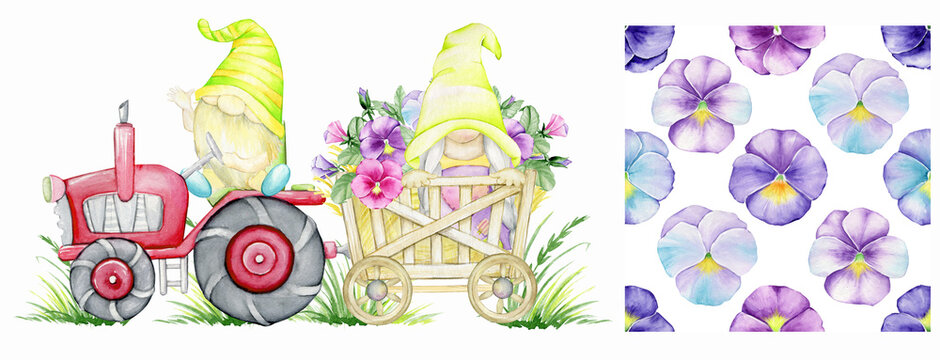 Cute gnomes, tractor, pansies. Watercolor set, cartoon style, clipart and seamless pattern.