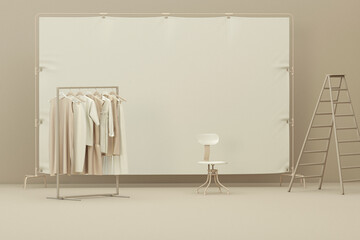 3d photography studio with Clothes hanging on a rack, stair, chair. Photo studio beige and cream blank backdrop. 3d render
