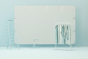 3d photography studio with Clothes hanging on a rack, stair, chair. Photo studio pastel blue and white blank backdrop. 3d render
