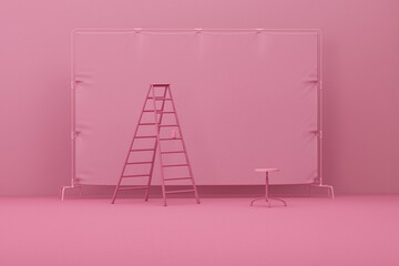 3d photography studio with folding ladder, chair. Photo studio pink blank backdrop. 3d render illustration
