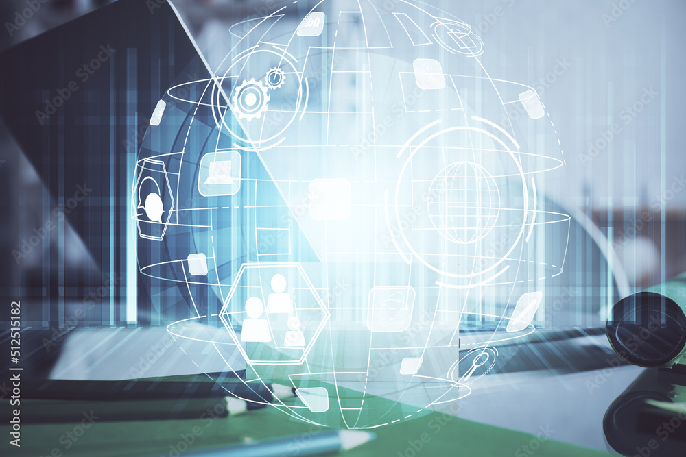 Poster computer on desktop with social network theme icon. multi exposure. concept of international connect