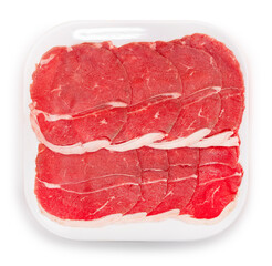 Rare Sliced Wagyu beef on white plate, Red beef Sliced Asian shabu shabu Sukiyaki food style on white background.