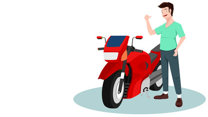 Man driving a motorcycle stands with his hands up brightly. Red sports motorcycle parked beside him. On isolated white background for transport present.