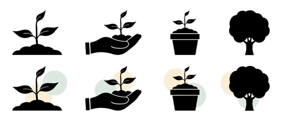 Plant Icon Set With Tree, Pot And Open Hand - Different Vector Illustrations Isolated On White Background