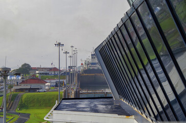 Transit passage through locks of famous Panama Canal on cruiseship cruise ship liner with panoramic...