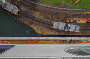 Transit passage through locks of famous Panama Canal on cruiseship cruise ship liner with panoramic...