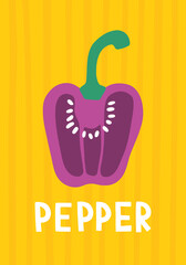 Bright pepper poster or banner in cartoon style. Cute cut vegetable and handwritten text on striped background. Vector flat hand drawn illustration for wall decor, postcards or other