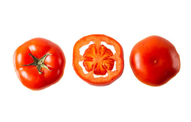 Tomato slices on a white background. Levitation of slices of fresh red tomatoes. Isolated