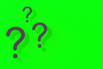 Question marks with shadow on green background.Technical support. Answers to questions. Horizontal image. 3D image. 3D rendering.