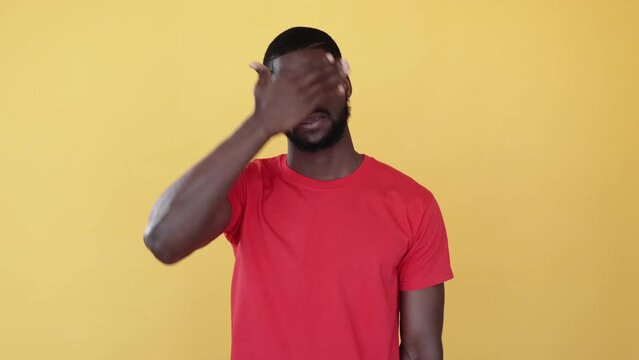 Mood swing. Racial tolerance. Boomerang animation. Opposite emotion. Bipolar african man changing sad happy face with sliding hand gif loop isolated on orange free space.