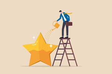 Ambition or motivation to success or being excellence, aspiration and effort to improve, growing and best performance concept, ambitious businessman fill in golden star price metaphor of success.